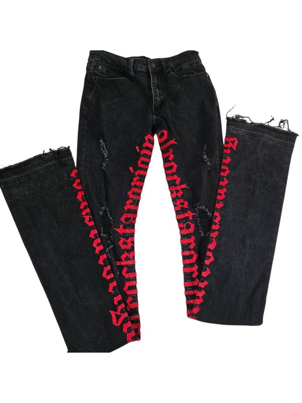 Rockstar Original Black Super Stacked Flare Jeans Red Gothic Lettering Size 30 R